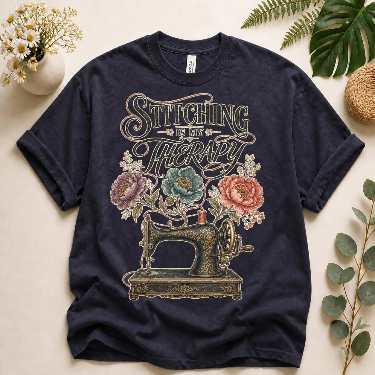 Stitching Is My Therapy Shirt – Vintage Sewing Machine Floral Tee, Gift for Sewists