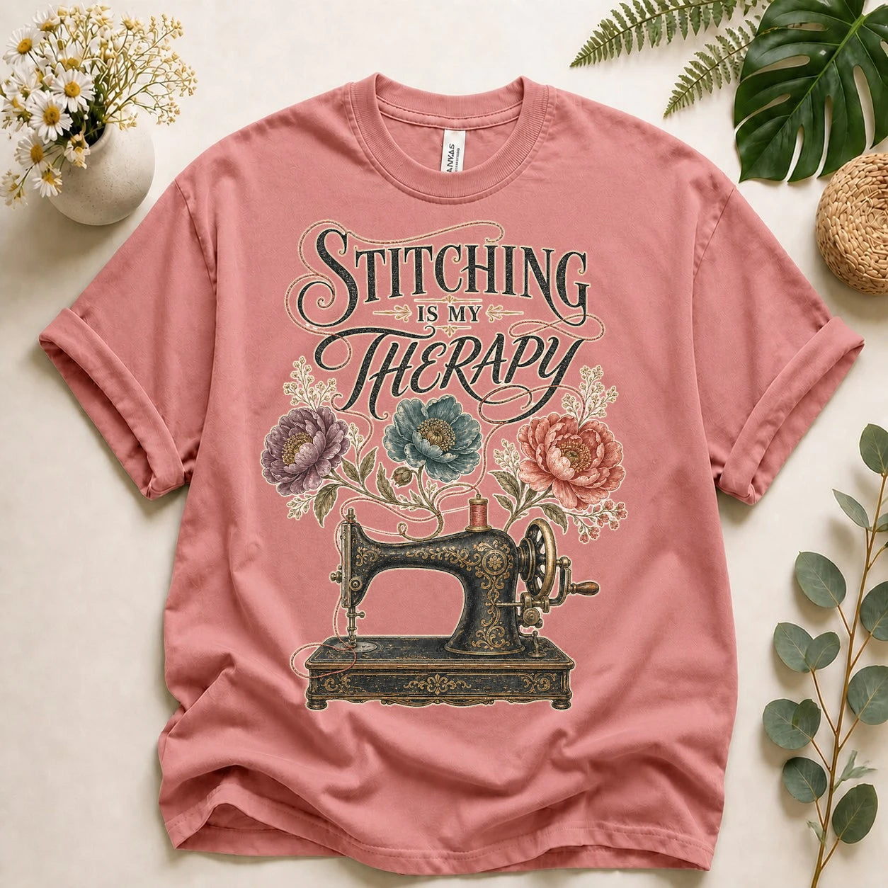 Stitching Is My Therapy Shirt – Vintage Sewing Machine Floral Tee, Gift for Sewists