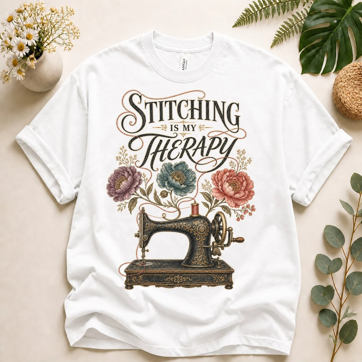 Stitching Is My Therapy Shirt – Vintage Sewing Machine Floral Tee, Gift for Sewists