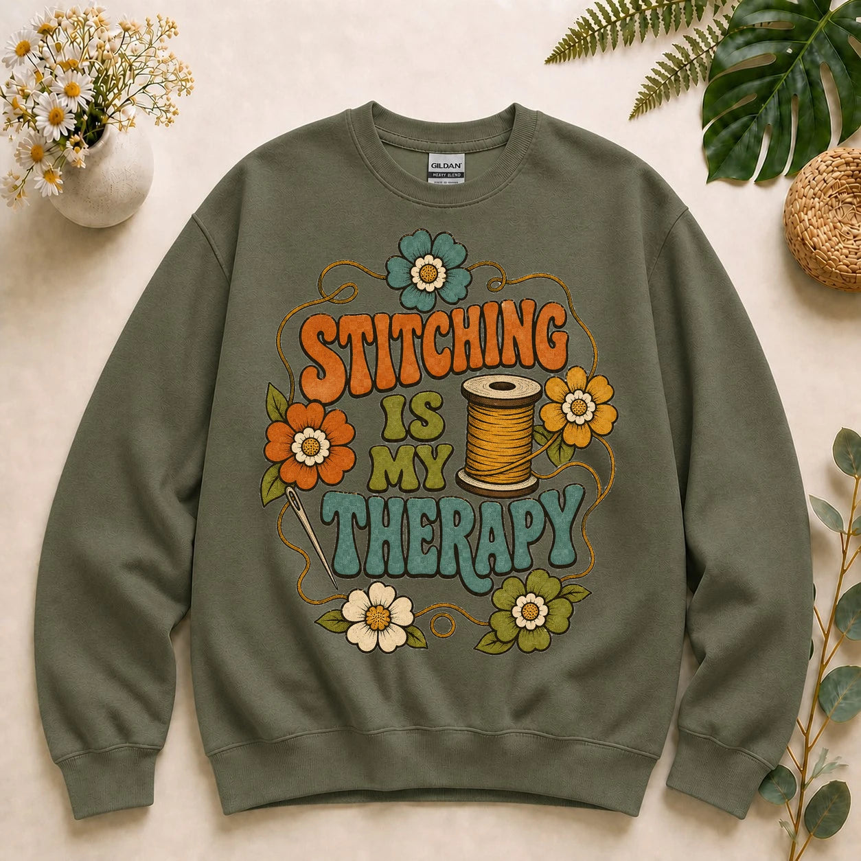 Stitching Is My Therapy Sweatshirt – Retro Sewing Crewneck, Gift for Sewists & Quilters