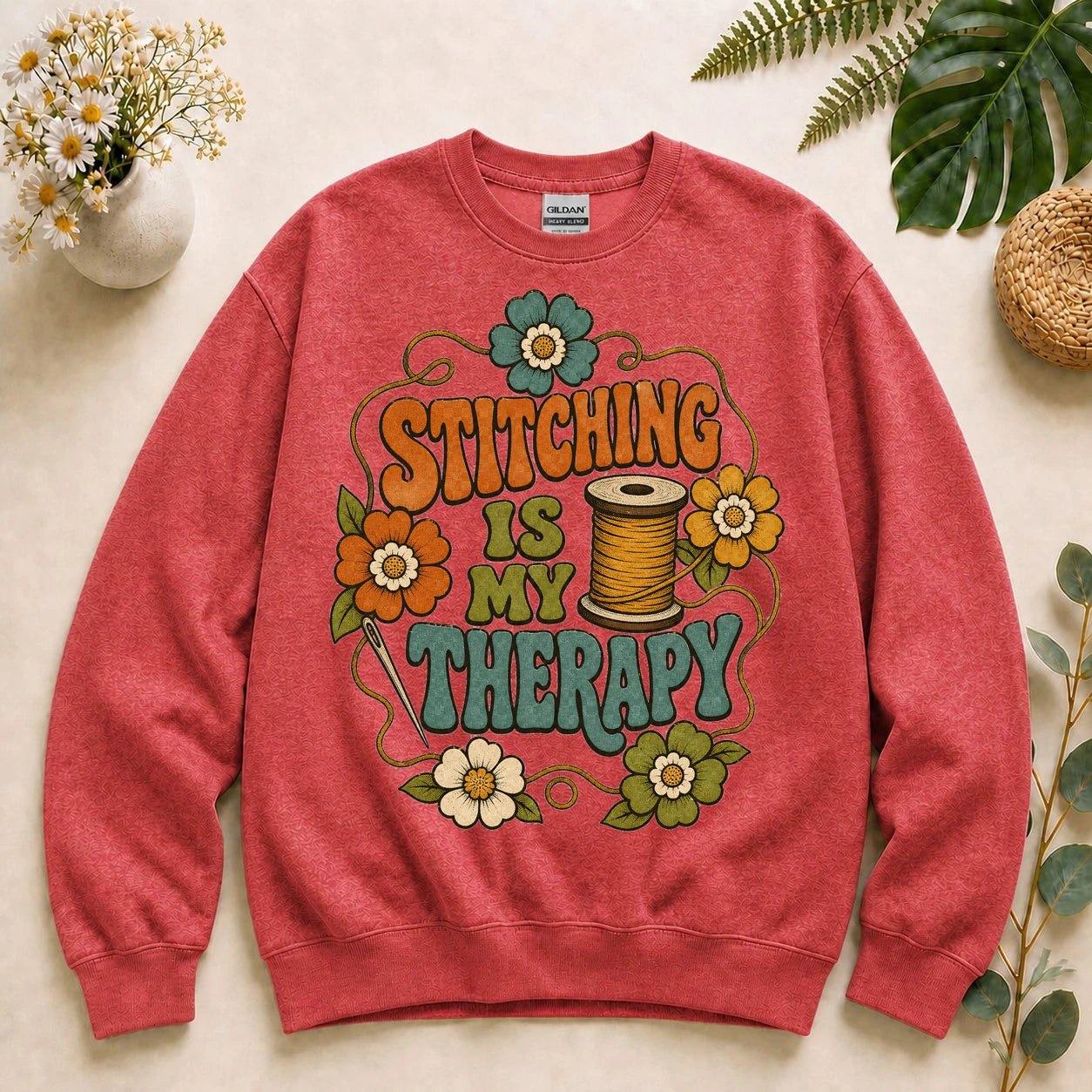 Stitching Is My Therapy Sweatshirt – Retro Sewing Crewneck, Gift for Sewists & Quilters