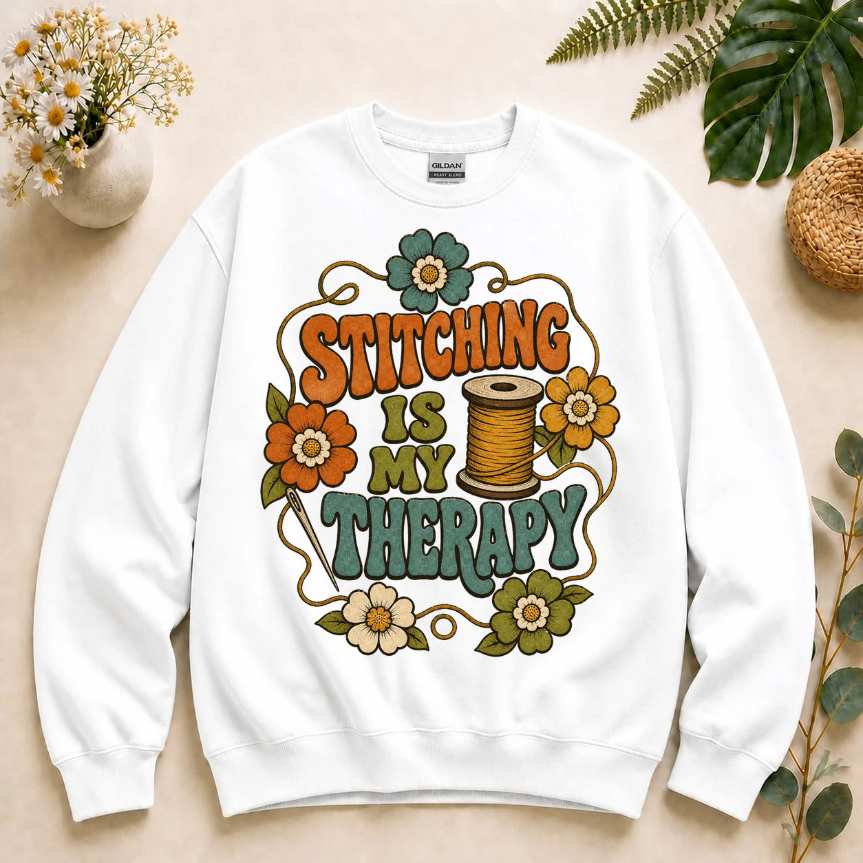 Stitching Is My Therapy Sweatshirt – Retro Sewing Crewneck, Gift for Sewists & Quilters