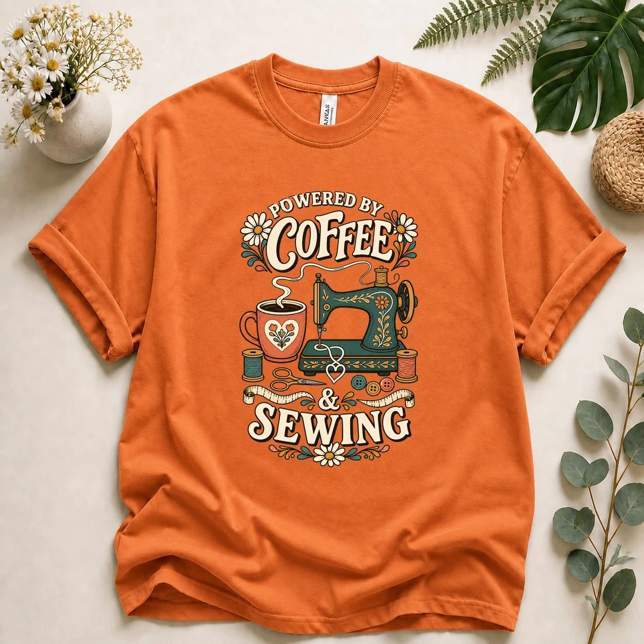Powered by Coffee & Sewing Shirt – Funny Sewing Lover T-Shirt, Gift for Sewists