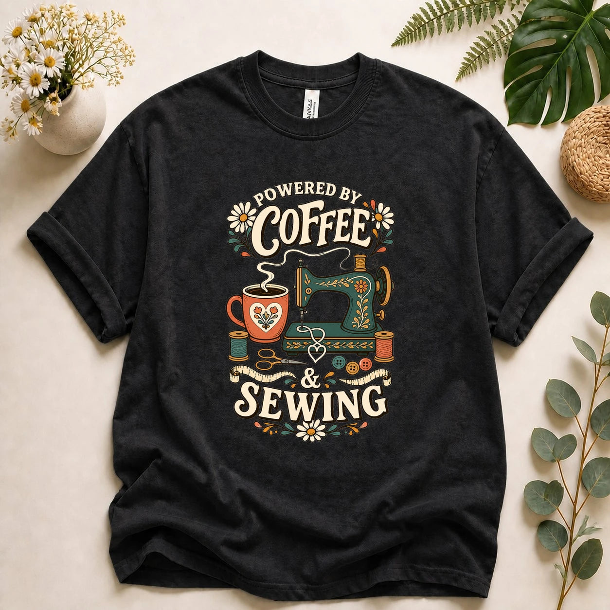 Powered by Coffee & Sewing Shirt – Funny Sewing Lover T-Shirt, Gift for Sewists