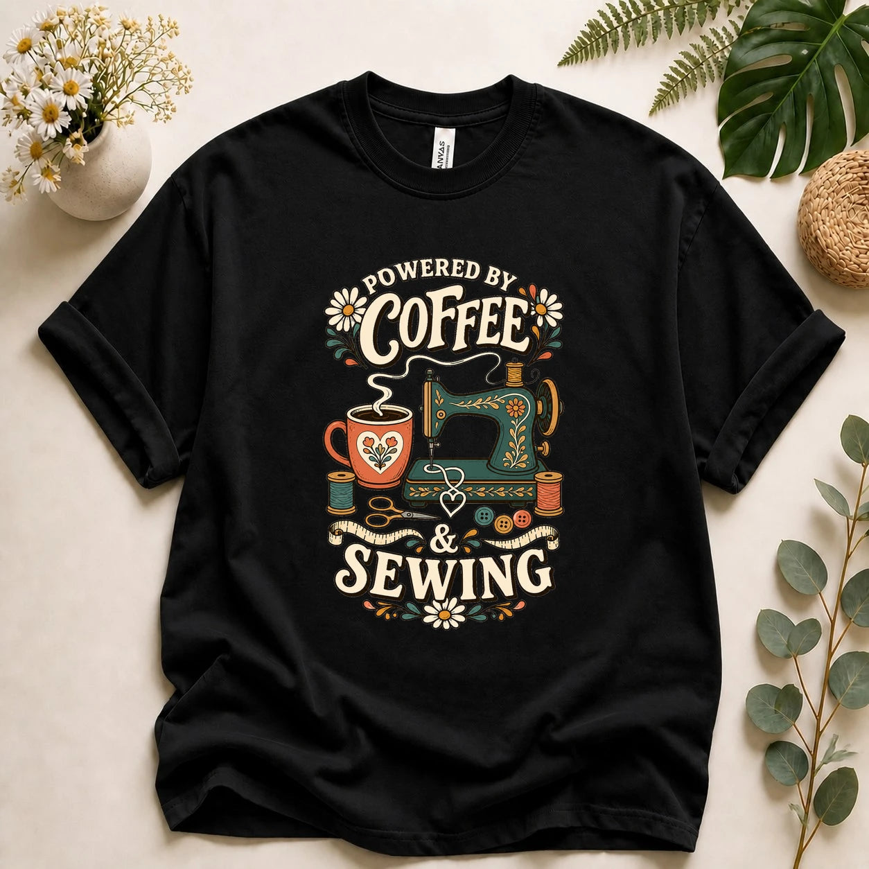 Powered by Coffee & Sewing Shirt – Funny Sewing Lover T-Shirt, Gift for Sewists