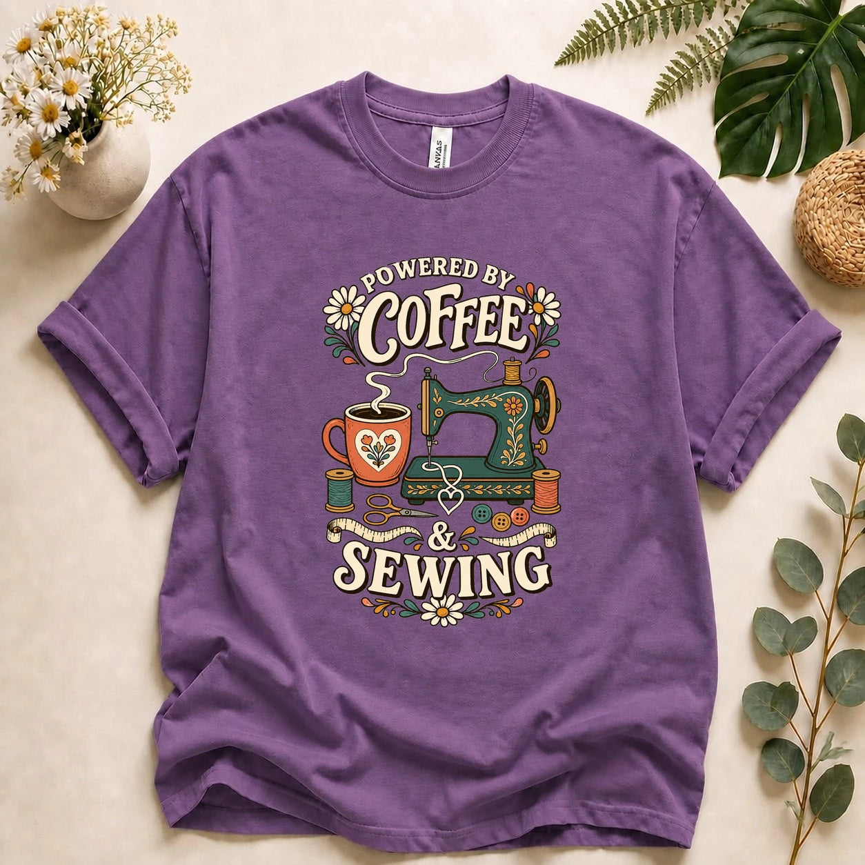 Powered by Coffee & Sewing Shirt – Funny Sewing Lover T-Shirt, Gift for Sewists
