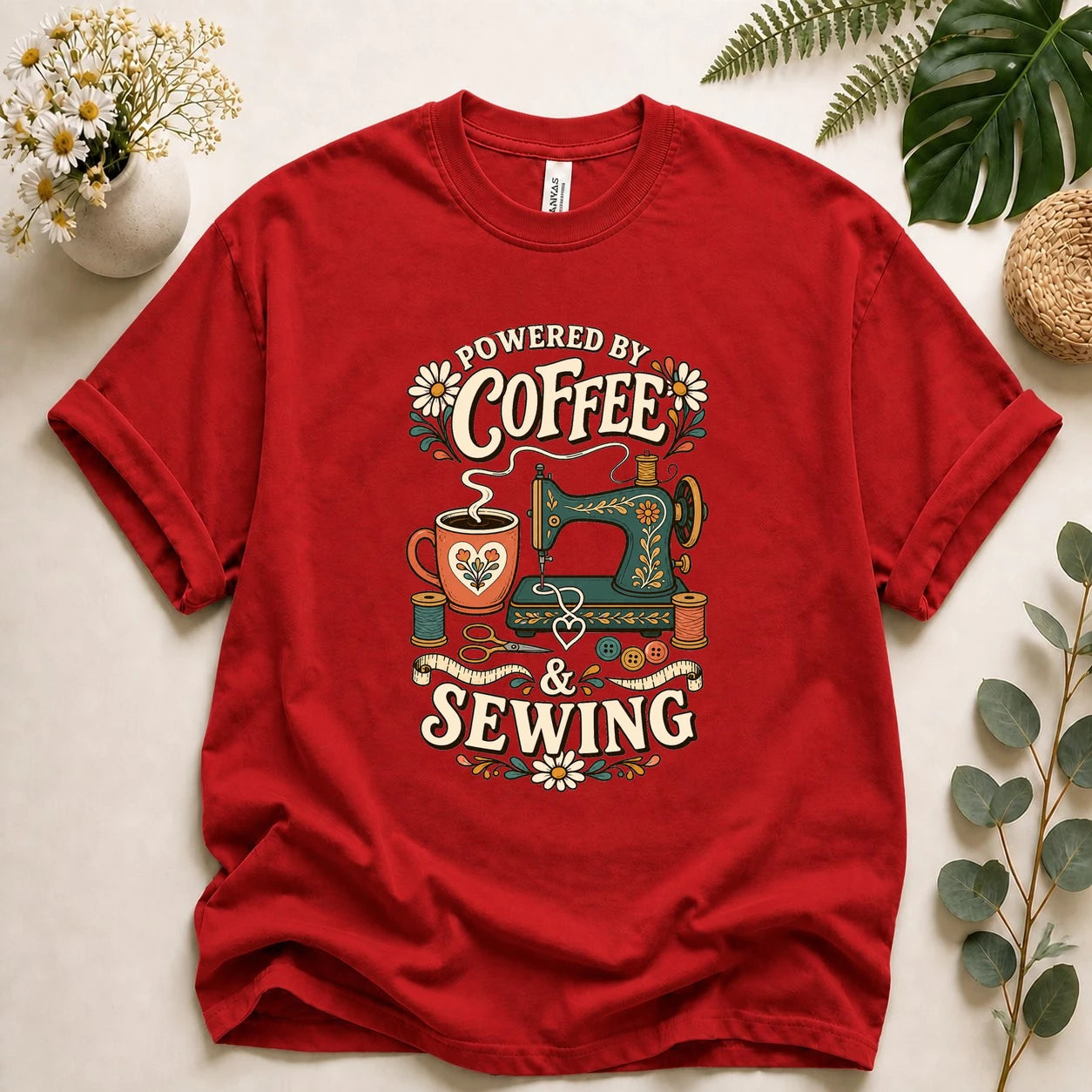 Powered by Coffee & Sewing Shirt – Funny Sewing Lover T-Shirt, Gift for Sewists