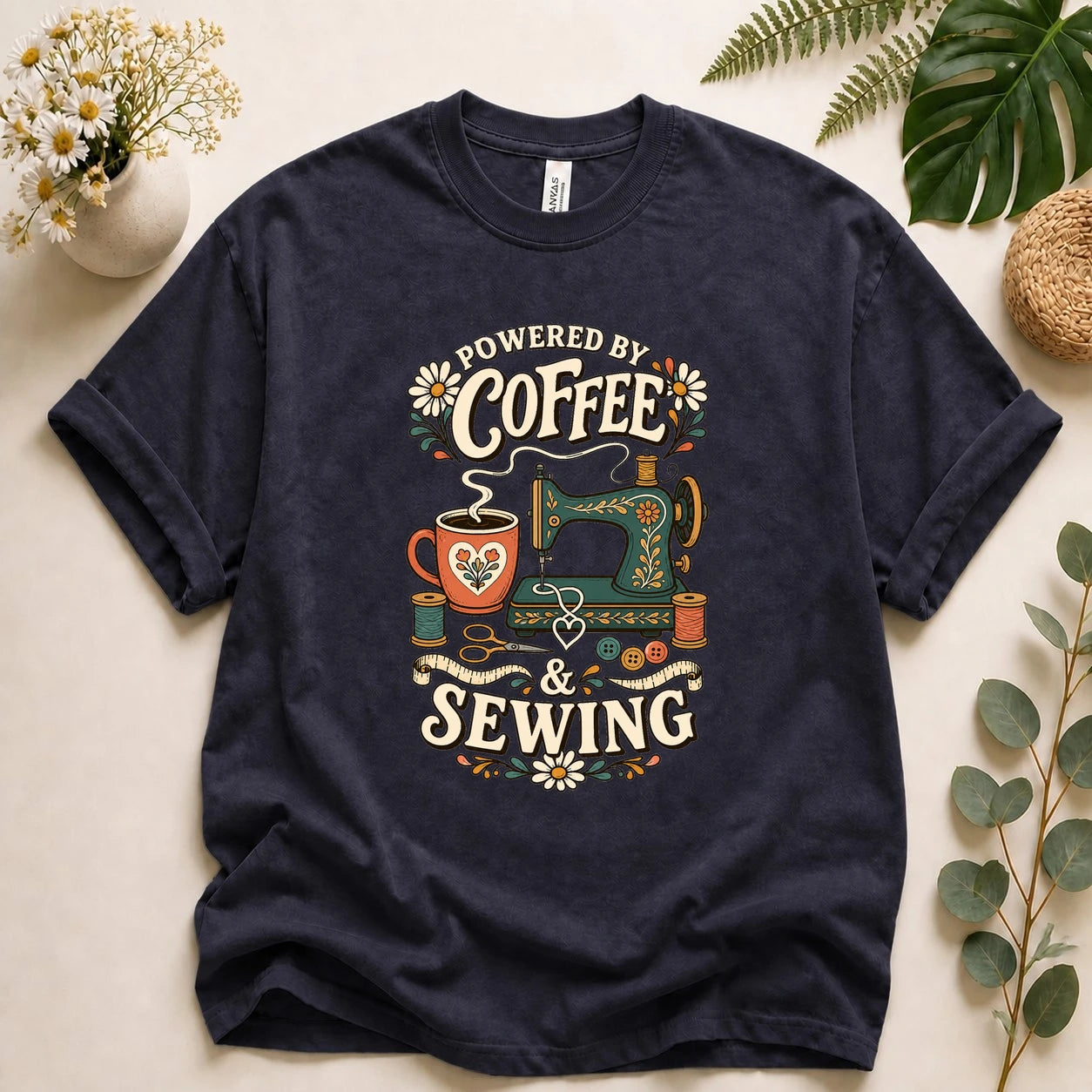 Powered by Coffee & Sewing Shirt – Funny Sewing Lover T-Shirt, Gift for Sewists