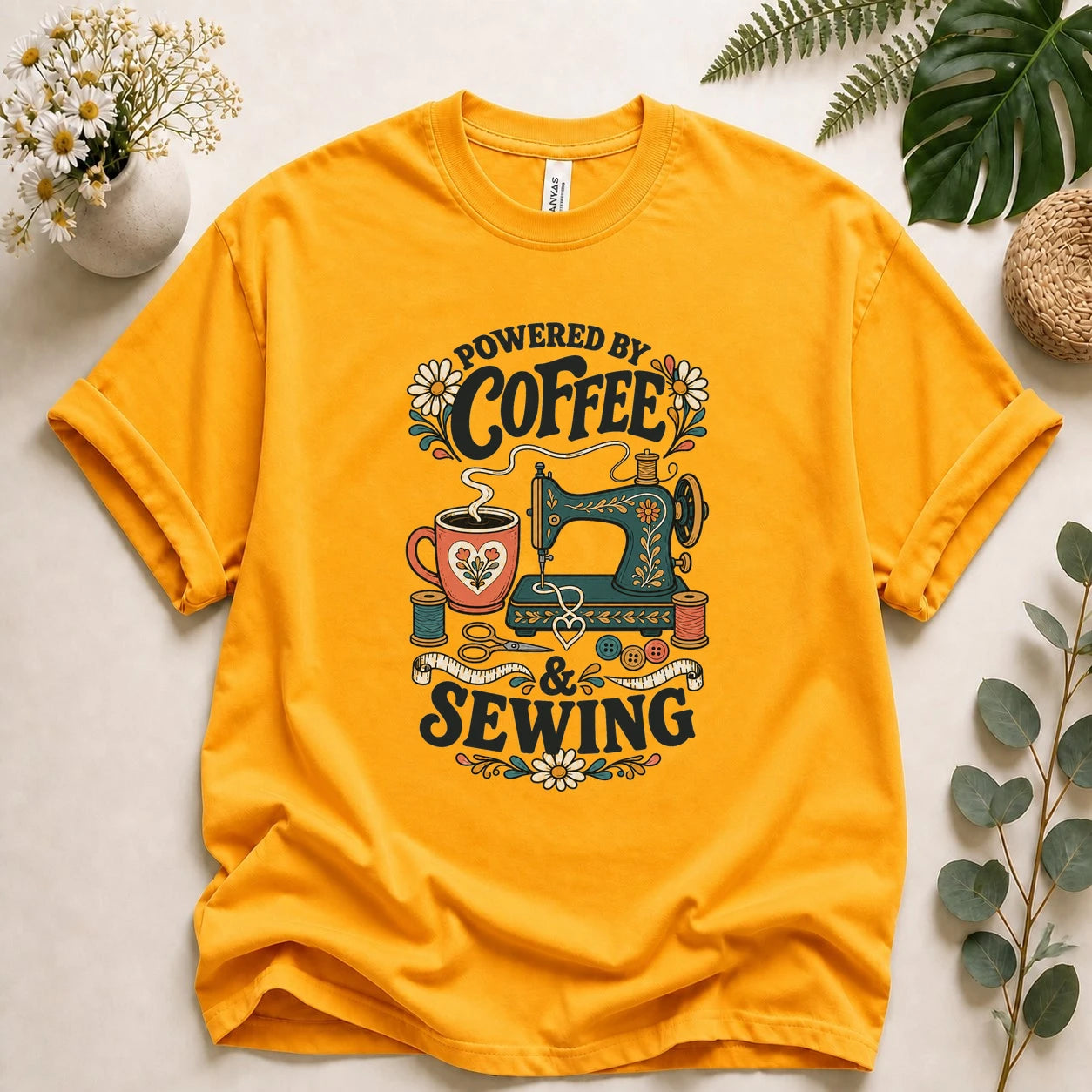 Powered by Coffee & Sewing Shirt – Funny Sewing Lover T-Shirt, Gift for Sewists