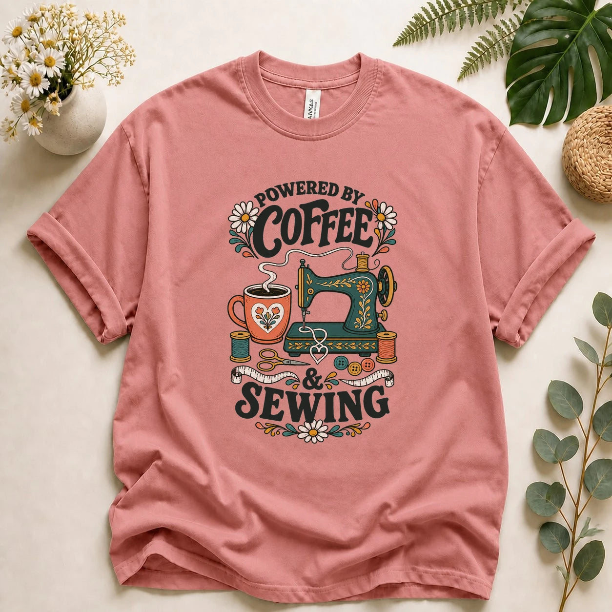 Powered by Coffee & Sewing Shirt – Funny Sewing Lover T-Shirt, Gift for Sewists