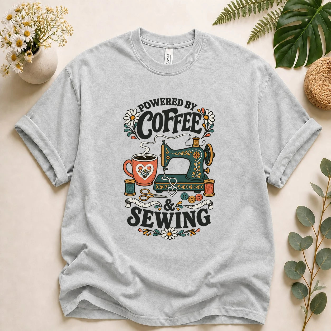 Powered by Coffee & Sewing Shirt – Funny Sewing Lover T-Shirt, Gift for Sewists