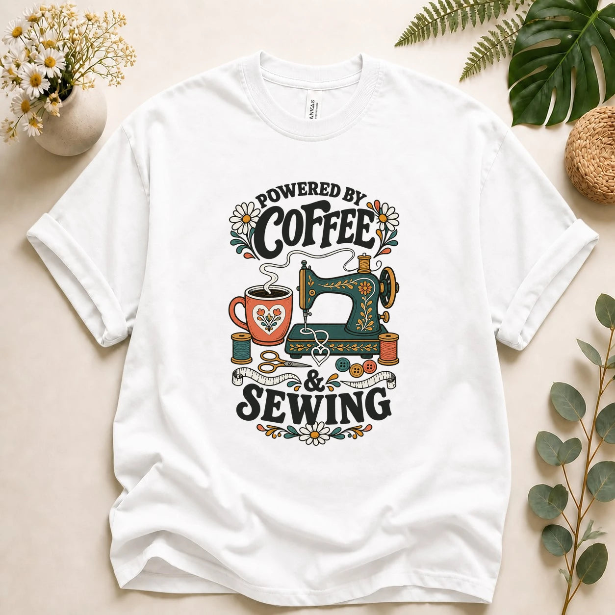 Powered by Coffee & Sewing Shirt – Funny Sewing Lover T-Shirt, Gift for Sewists