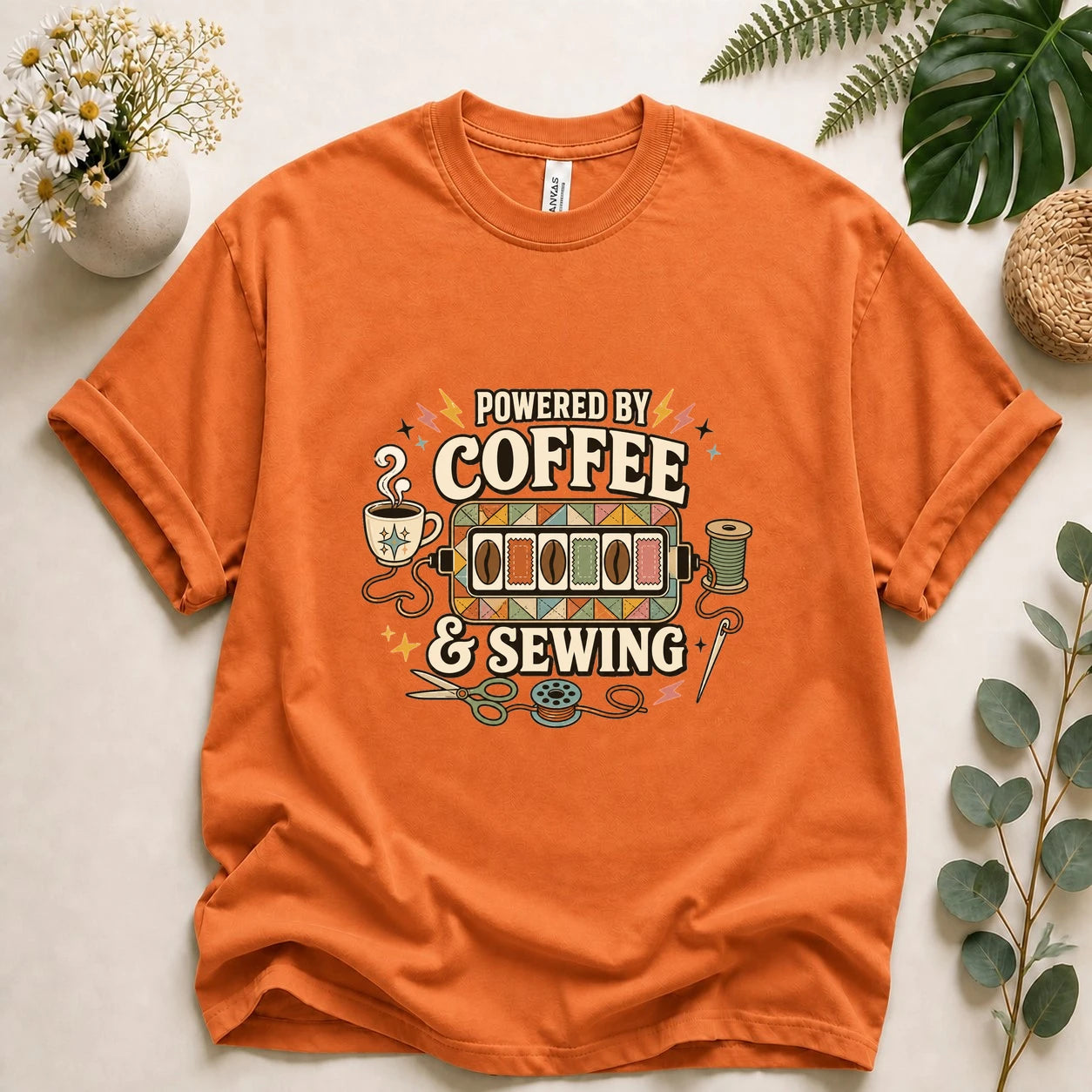 Powered by Coffee & Sewing Shirt – Funny Sewing Lover Tee, Gift for Sewists & Crafters