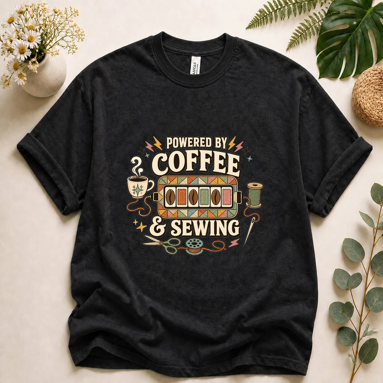 Powered by Coffee & Sewing Shirt – Funny Sewing Lover Tee, Gift for Sewists & Crafters