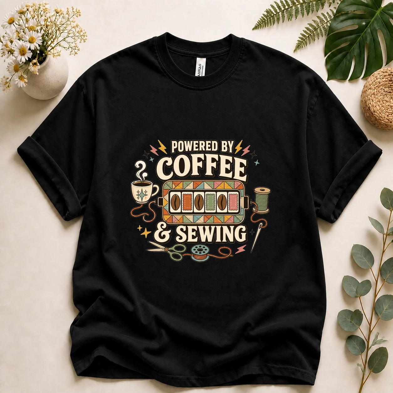 Powered by Coffee & Sewing Shirt – Funny Sewing Lover Tee, Gift for Sewists & Crafters