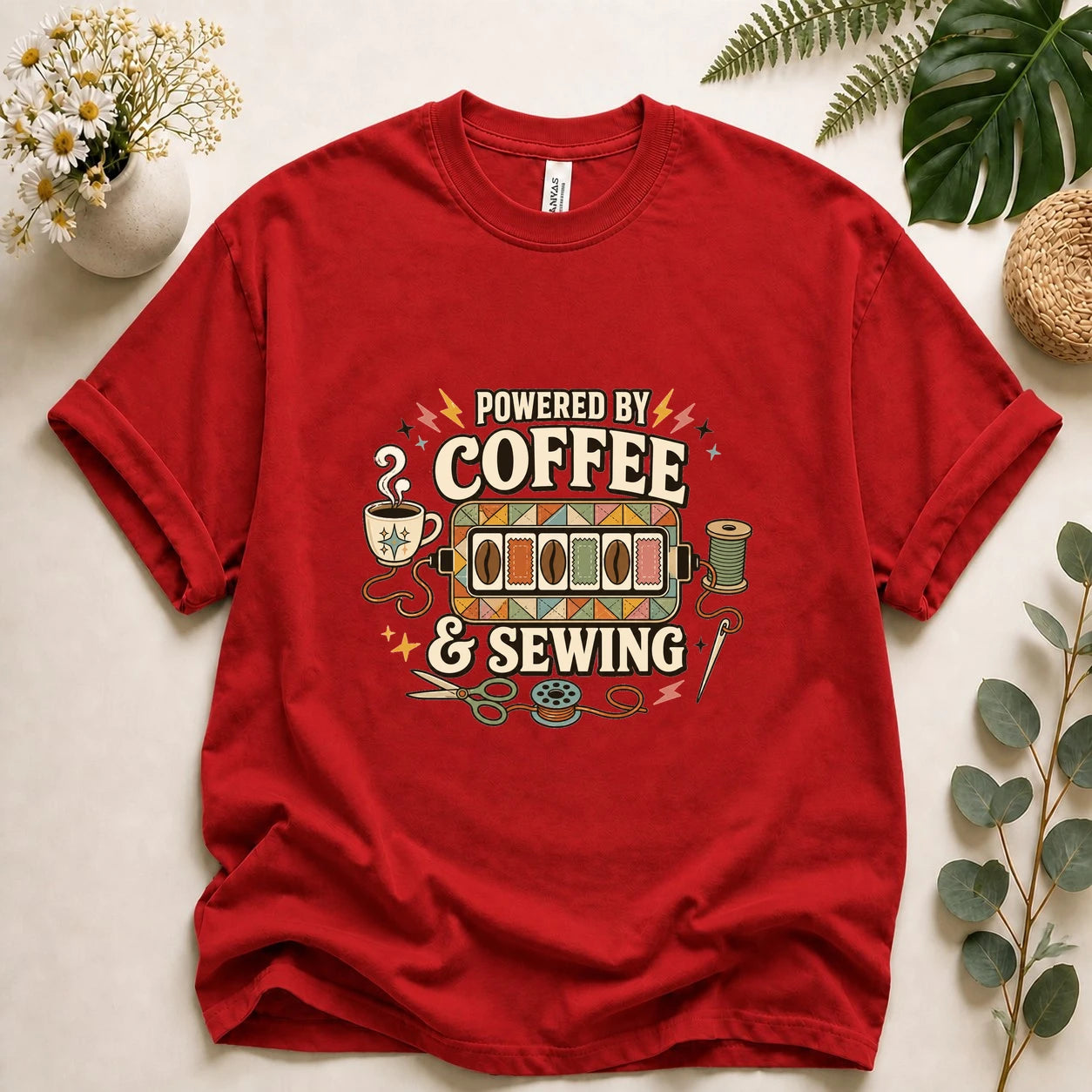 Powered by Coffee & Sewing Shirt – Funny Sewing Lover Tee, Gift for Sewists & Crafters