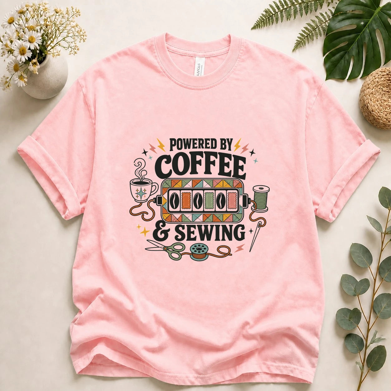 Powered by Coffee & Sewing Shirt – Funny Sewing Lover Tee, Gift for Sewists & Crafters