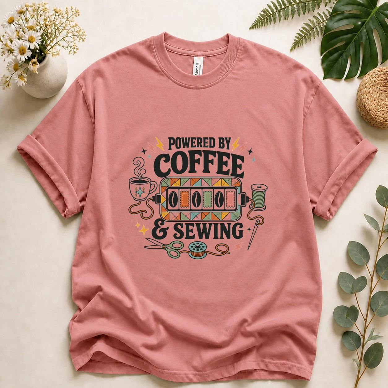Powered by Coffee & Sewing Shirt – Funny Sewing Lover Tee, Gift for Sewists & Crafters