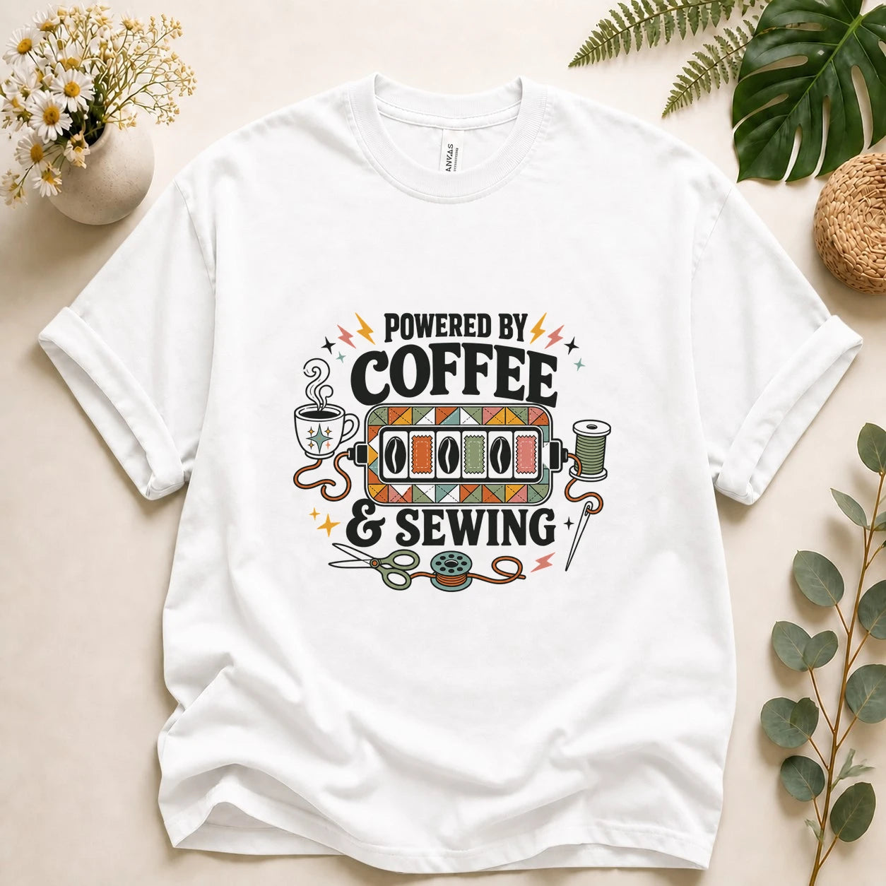Powered by Coffee & Sewing Shirt – Funny Sewing Lover Tee, Gift for Sewists & Crafters