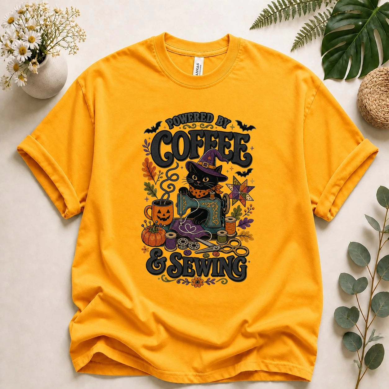 Powered by Coffee & Sewing Halloween Shirt – Black Cat Sewing Tee, Spooky Sewist Gift
