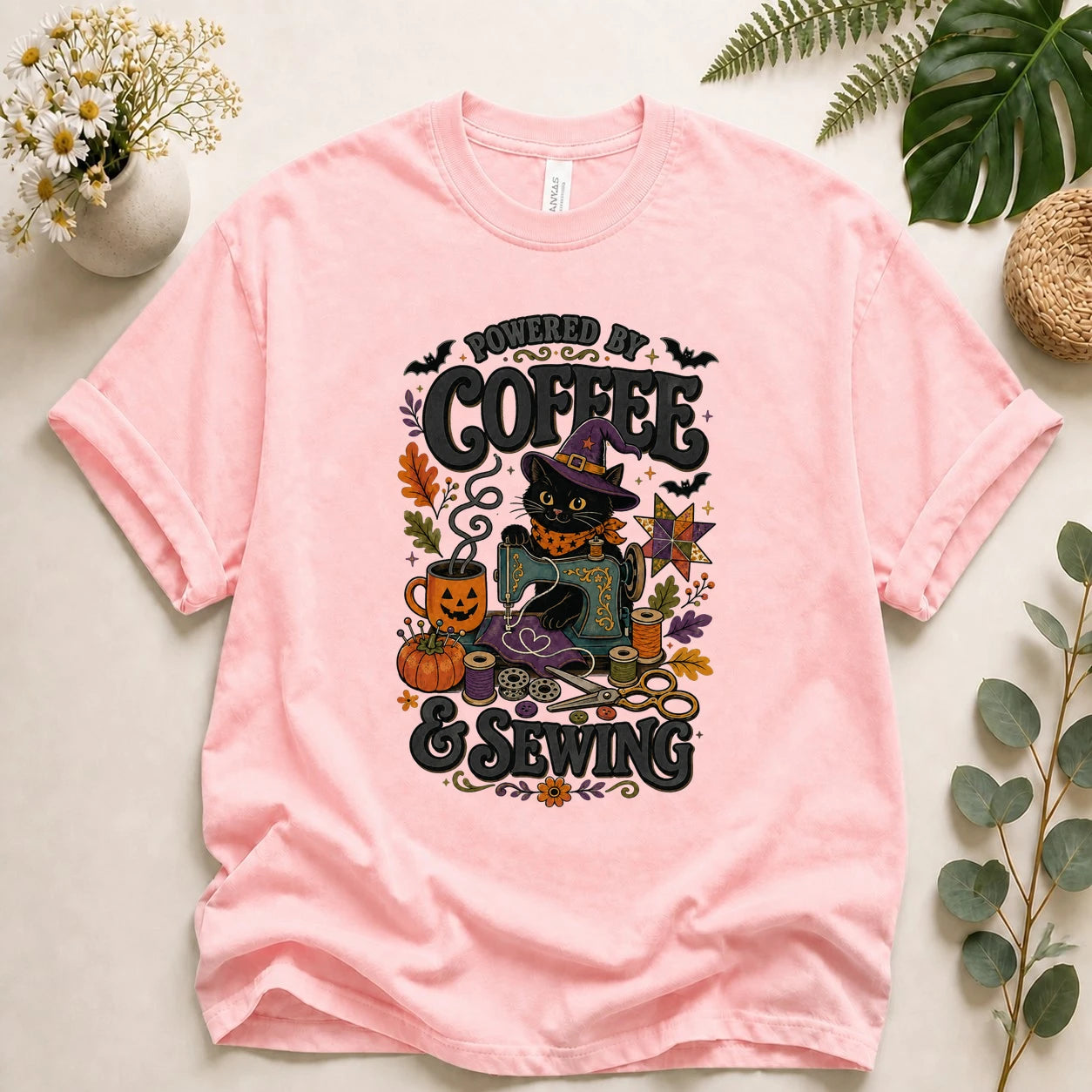 Powered by Coffee & Sewing Halloween Shirt – Black Cat Sewing Tee, Spooky Sewist Gift