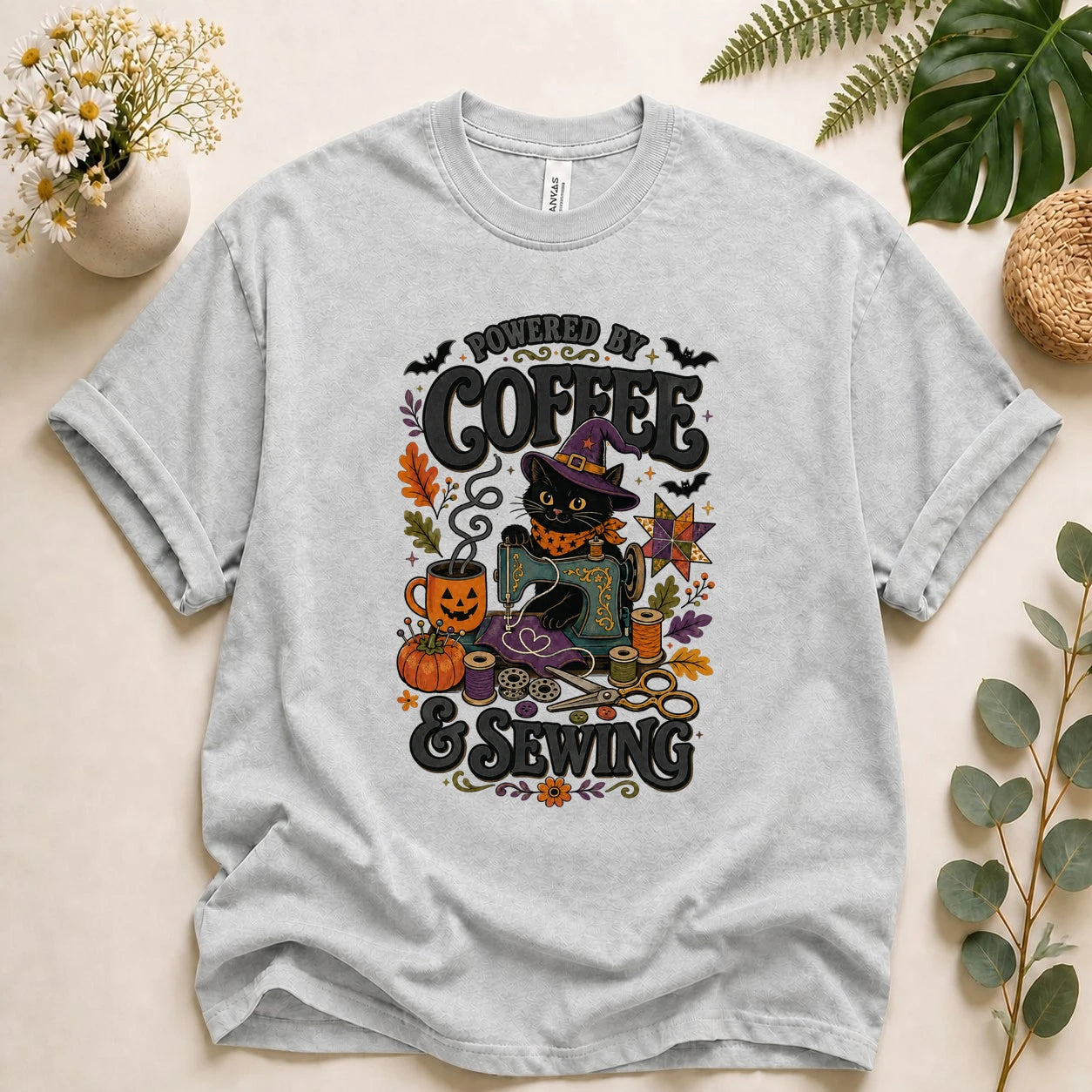 Powered by Coffee & Sewing Halloween Shirt – Black Cat Sewing Tee, Spooky Sewist Gift