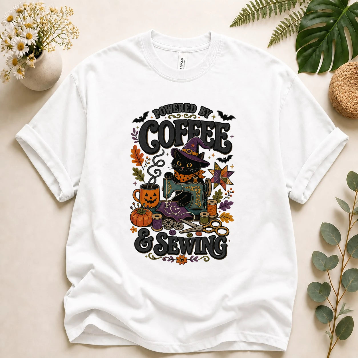 Powered by Coffee & Sewing Halloween Shirt – Black Cat Sewing Tee, Spooky Sewist Gift
