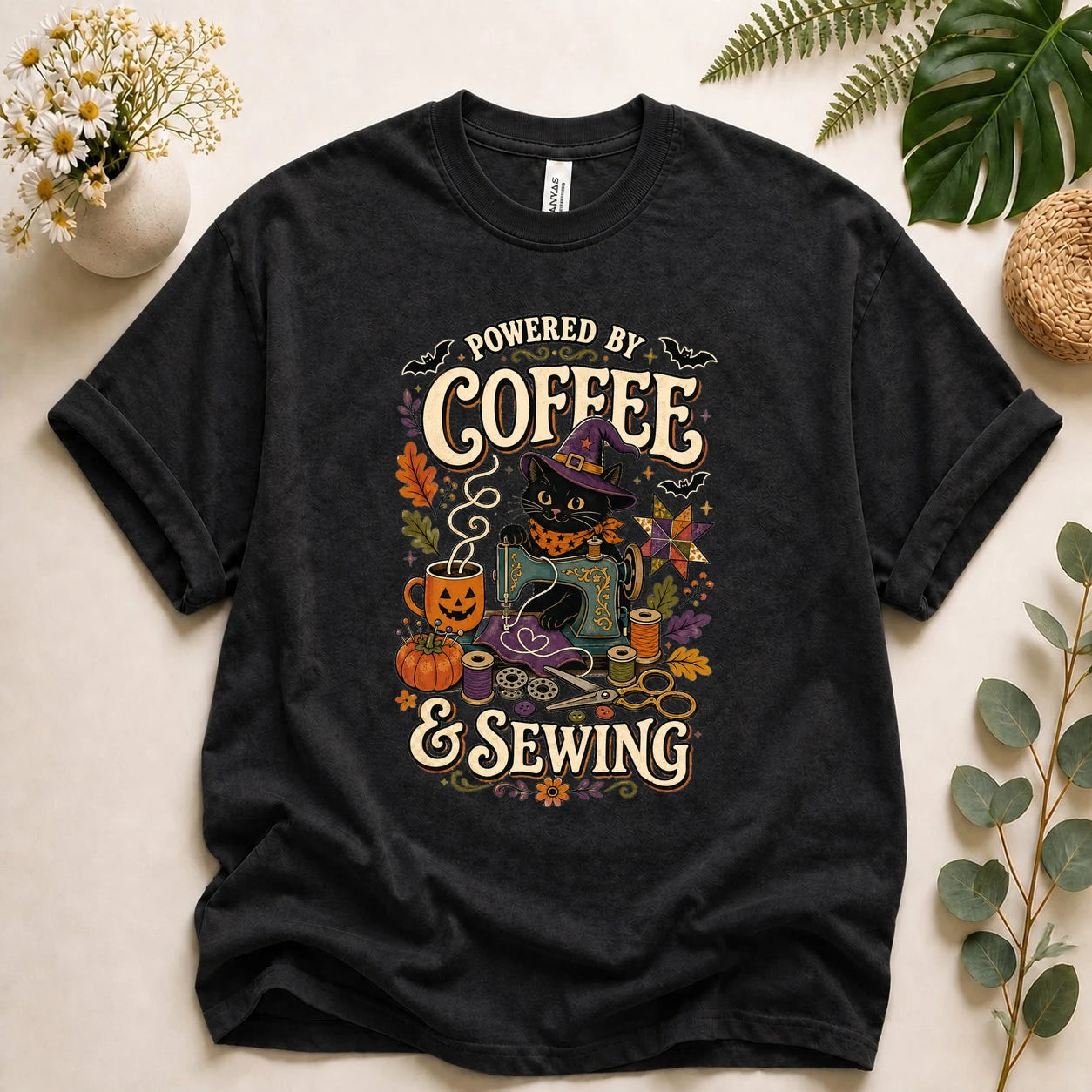 Powered by Coffee & Sewing Halloween Shirt – Black Cat Sewing Tee, Spooky Sewist Gift