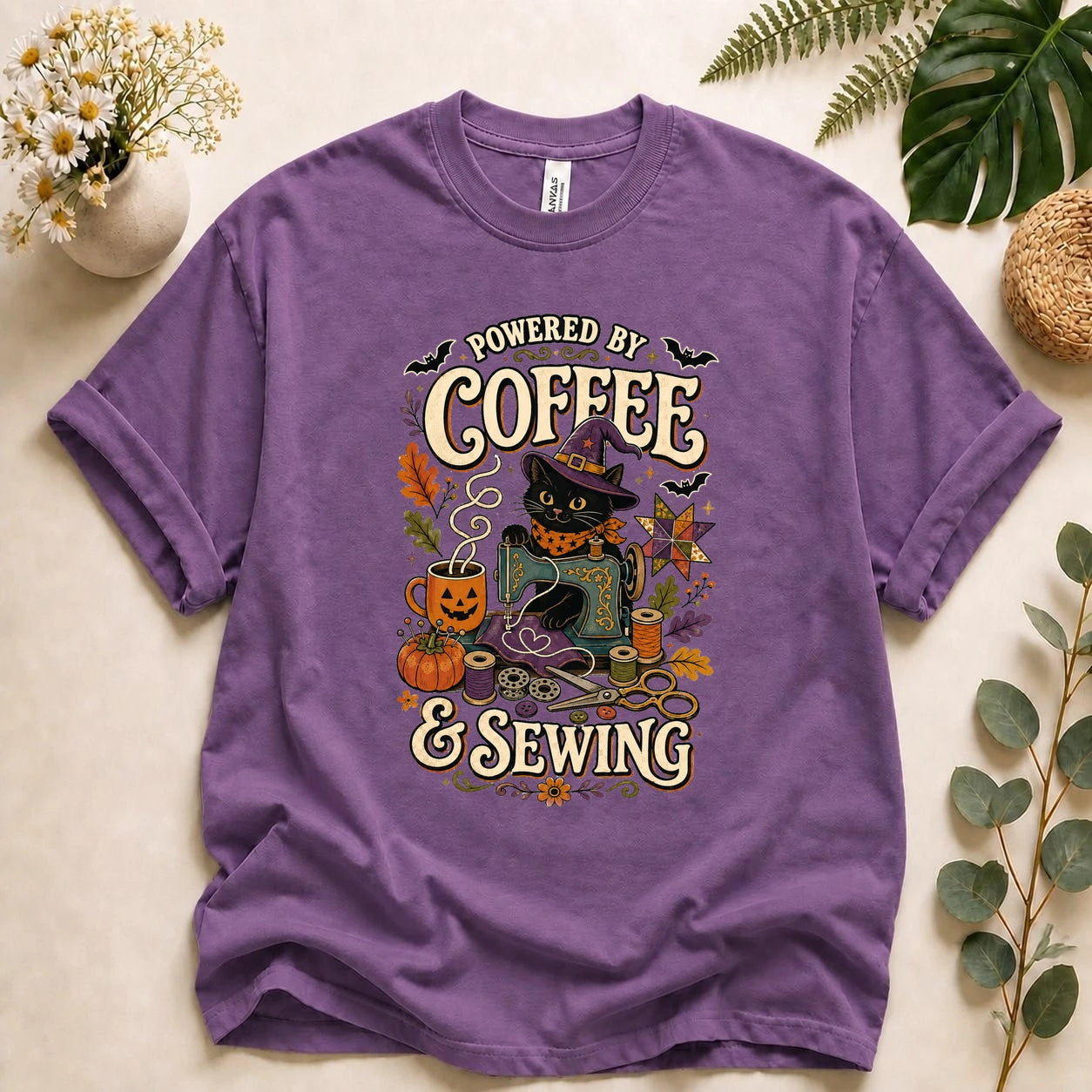 Powered by Coffee & Sewing Halloween Shirt – Black Cat Sewing Tee, Spooky Sewist Gift