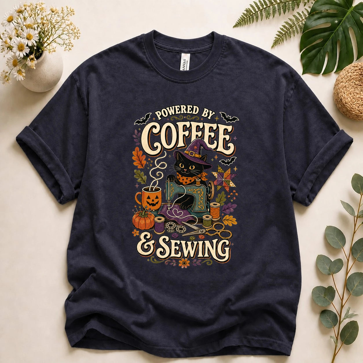 Powered by Coffee & Sewing Halloween Shirt – Black Cat Sewing Tee, Spooky Sewist Gift