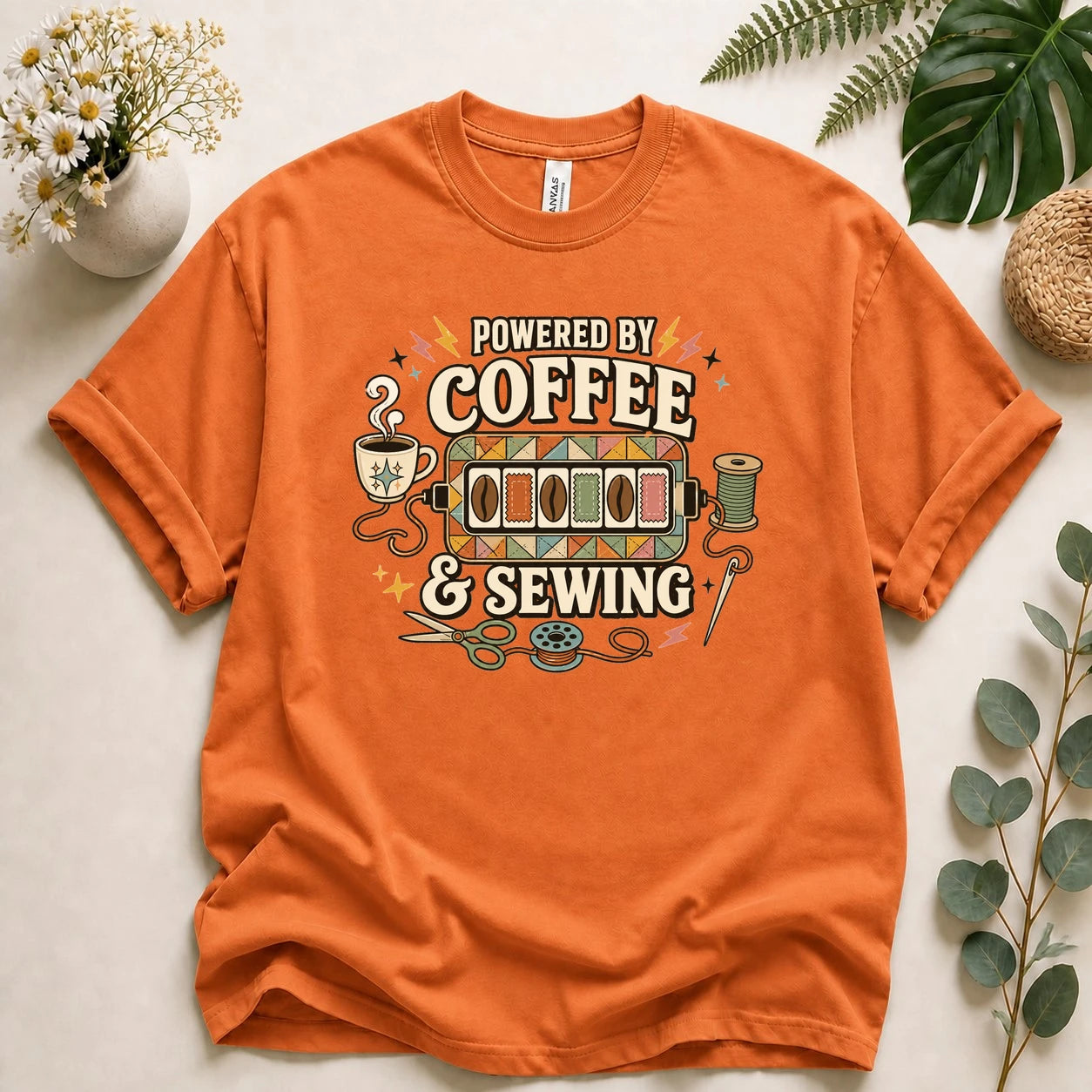 Powered by Coffee & Sewing Shirt – Retro Sewing Lover Tee, Funny Sewist & Quilter Gift