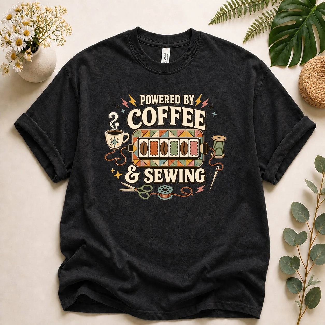 Powered by Coffee & Sewing Shirt – Retro Sewing Lover Tee, Funny Sewist & Quilter Gift