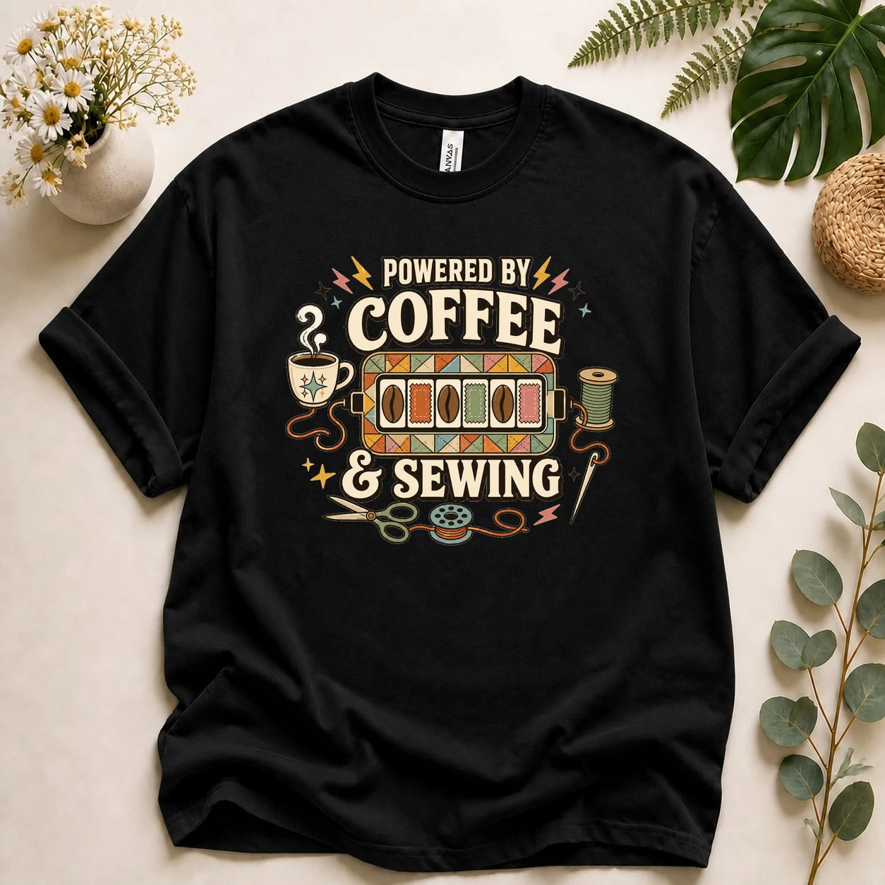 Powered by Coffee & Sewing Shirt – Retro Sewing Lover Tee, Funny Sewist & Quilter Gift