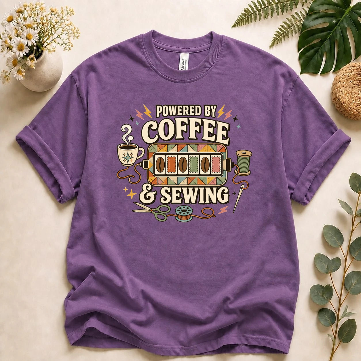 Powered by Coffee & Sewing Shirt – Retro Sewing Lover Tee, Funny Sewist & Quilter Gift