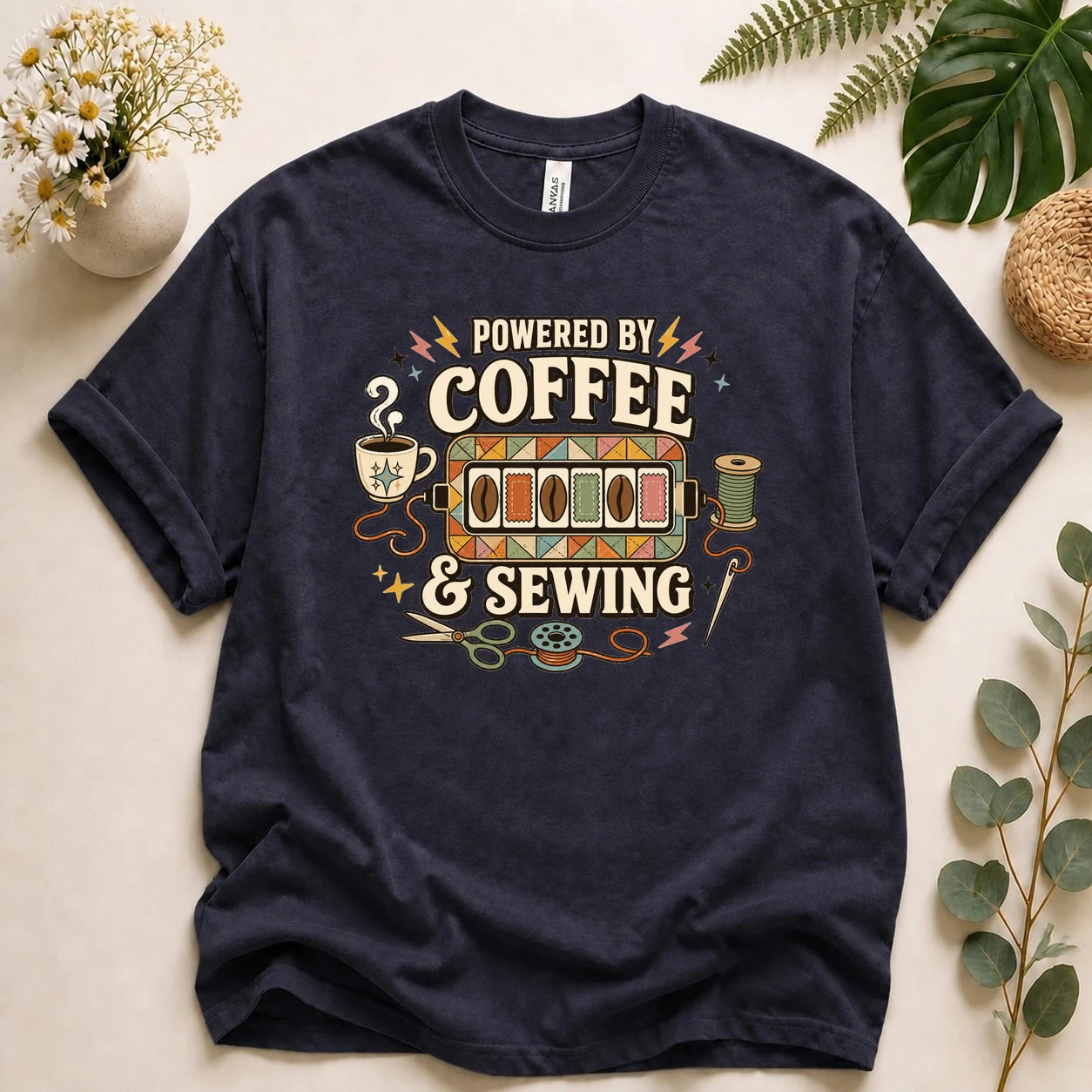 Powered by Coffee & Sewing Shirt – Retro Sewing Lover Tee, Funny Sewist & Quilter Gift