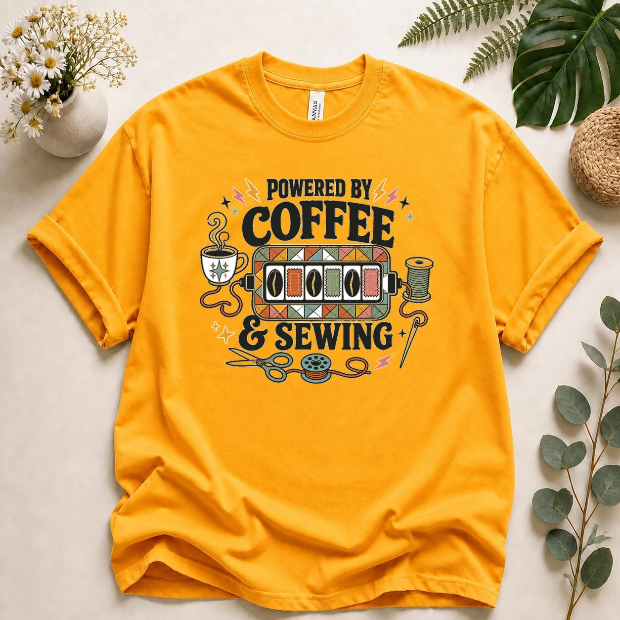 Powered by Coffee & Sewing Shirt – Retro Sewing Lover Tee, Funny Sewist & Quilter Gift