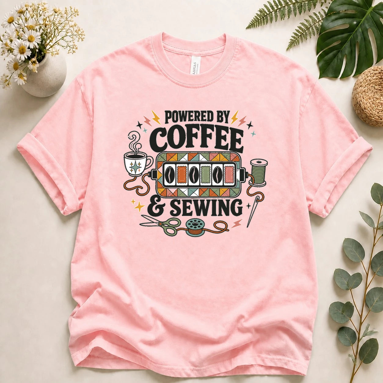 Powered by Coffee & Sewing Shirt – Retro Sewing Lover Tee, Funny Sewist & Quilter Gift