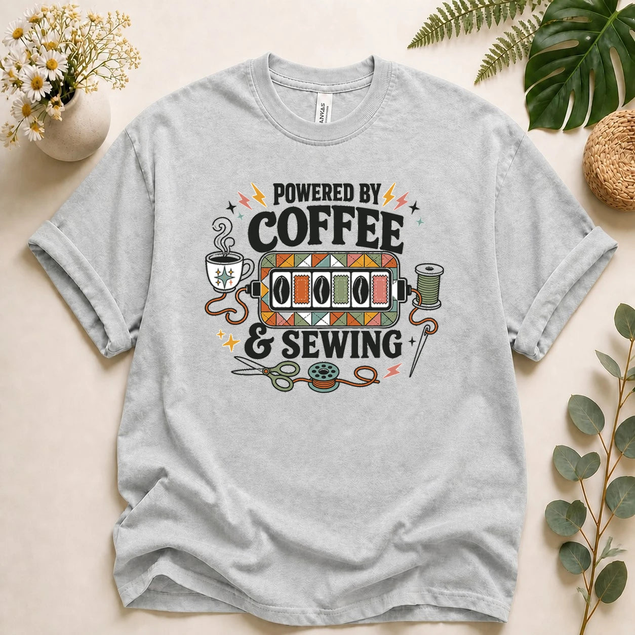 Powered by Coffee & Sewing Shirt – Retro Sewing Lover Tee, Funny Sewist & Quilter Gift