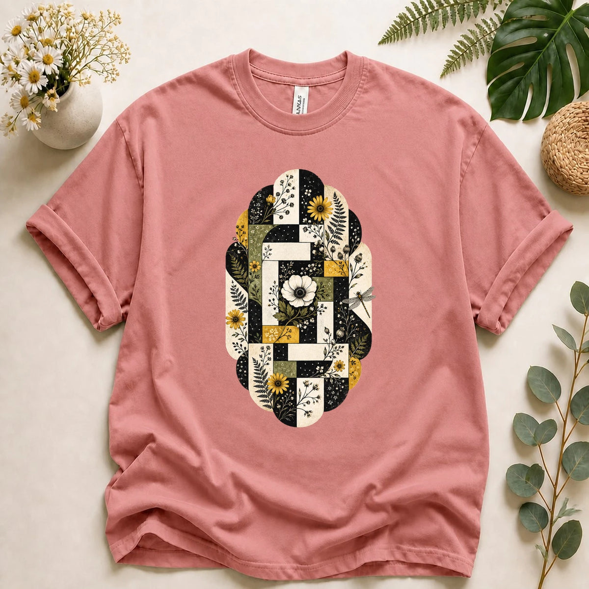 Floral Quilting Shirt – Botanical Patchwork T-Shirt, Vintage Quilter Gift for Her