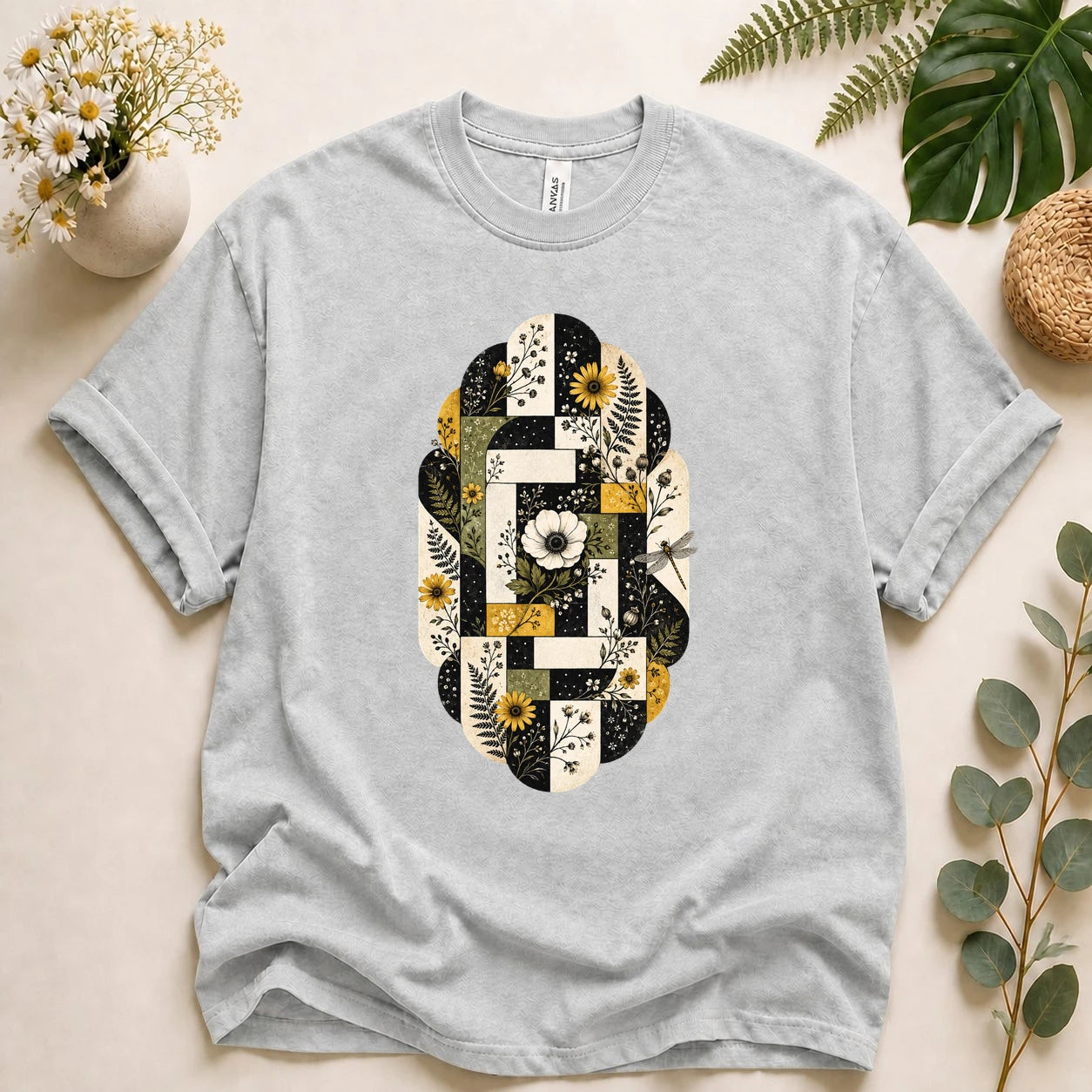 Floral Quilting Shirt – Botanical Patchwork T-Shirt, Vintage Quilter Gift for Her