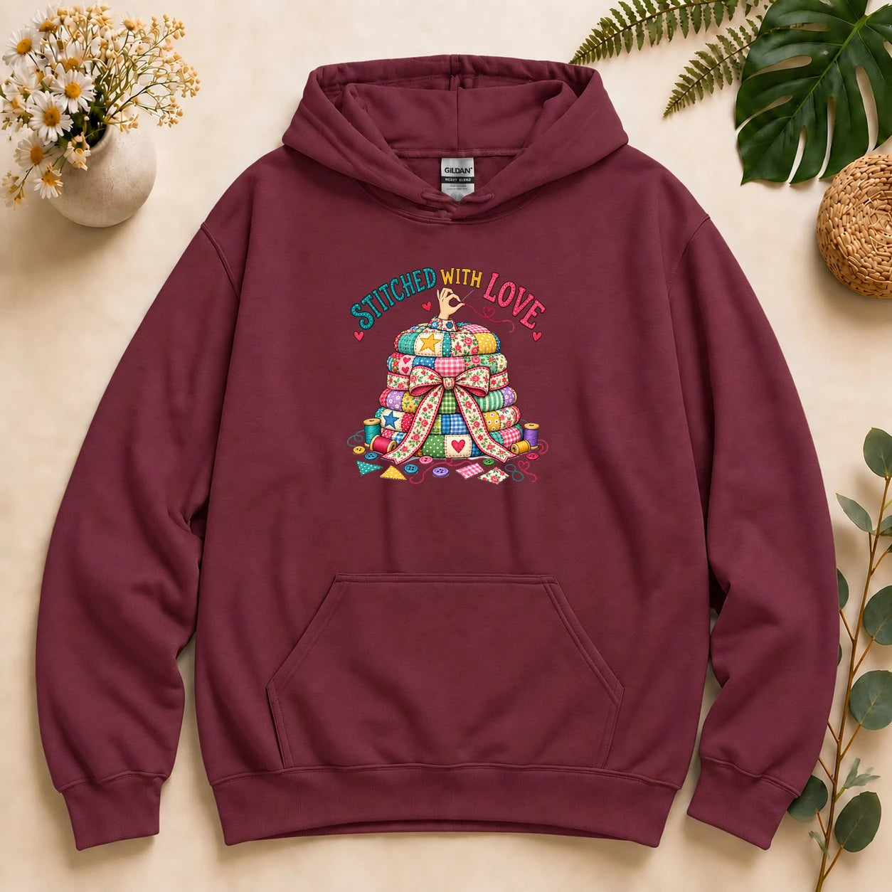 Stitched With Love – Quilter Gift, Colorful Patchwork & Sewing Lover Hoodie