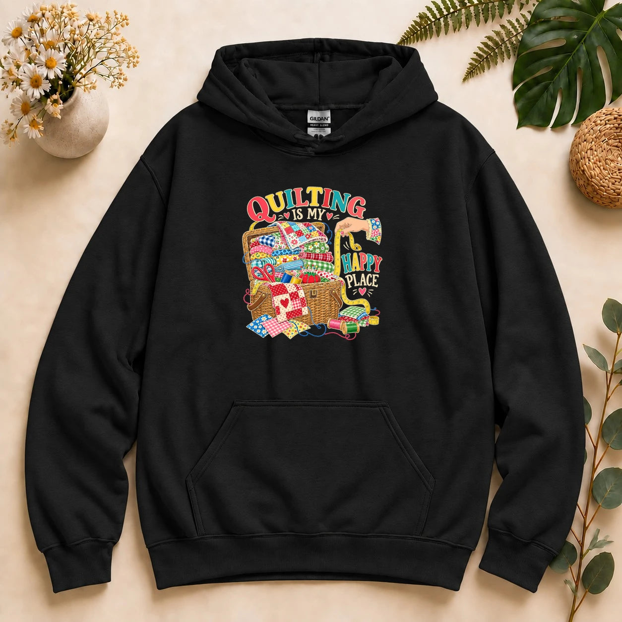Quilting Is My Happy Place – Quilter Gift, Colorful Quilt Lover Hoodie