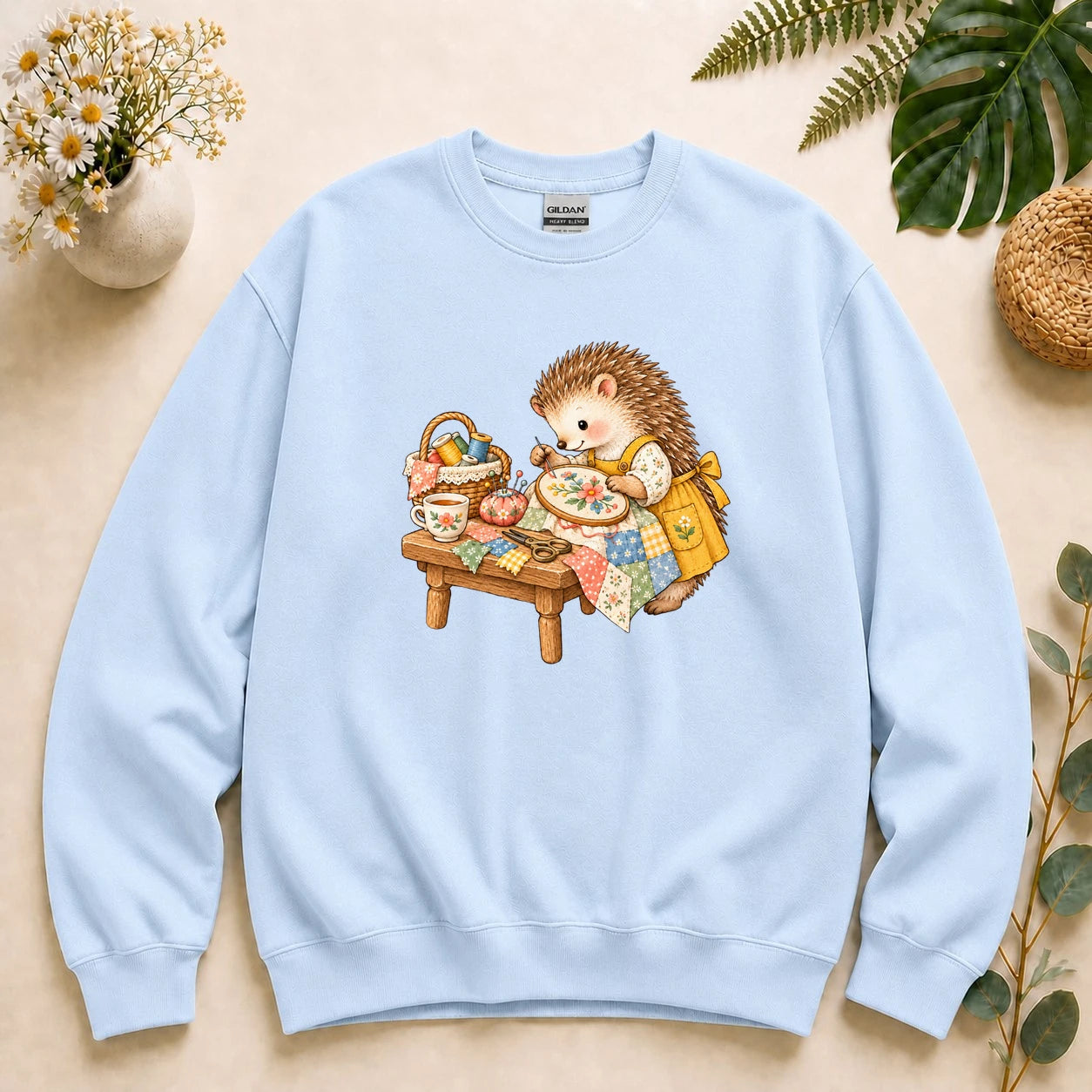 Cute Hedgehog Embroidery – Sewing Lover Gift, Cozy Patchwork Crafter Sweatshirt
