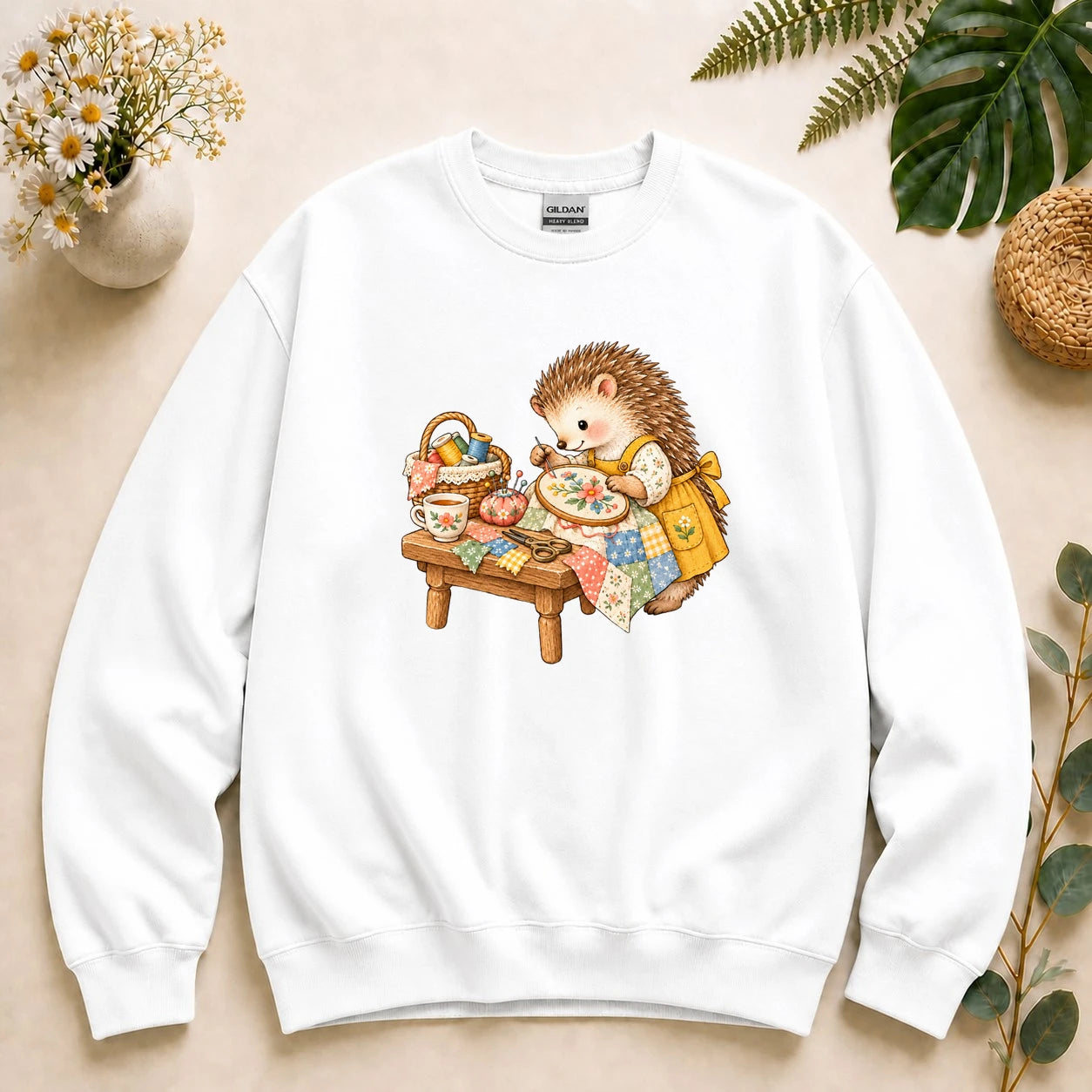 Cute Hedgehog Embroidery – Sewing Lover Gift, Cozy Patchwork Crafter Sweatshirt