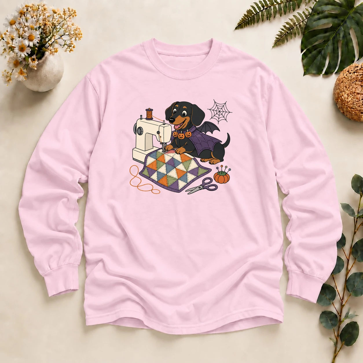 Halloween Sewing Dachshund – Cute Quilter Gift, Spooky Dog Lover Long Sleeve T-Shirt