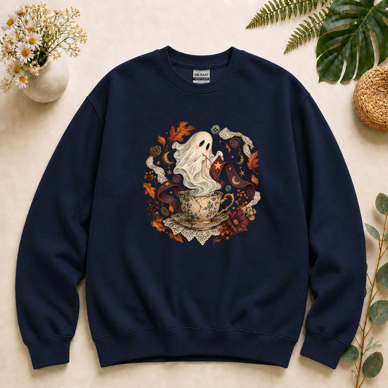 Ghost Sewing Tea – Halloween Crafter Gift, Vintage Stitching Lover Sweatshirt