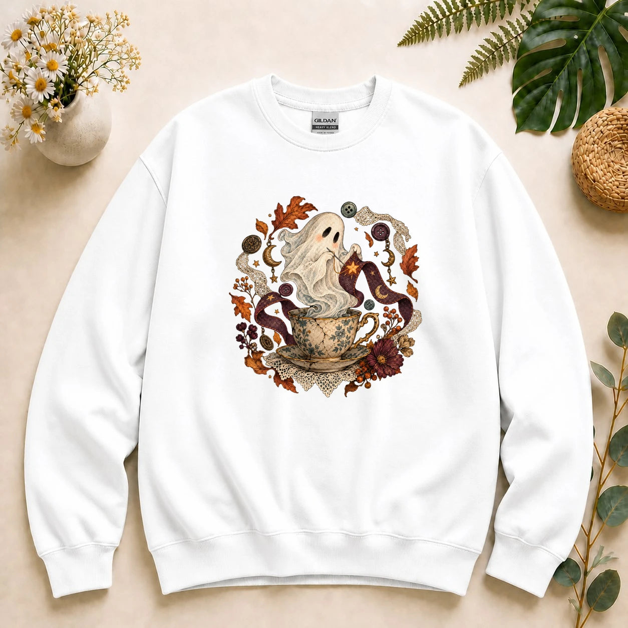 Ghost Sewing Tea – Halloween Crafter Gift, Vintage Stitching Lover Sweatshirt