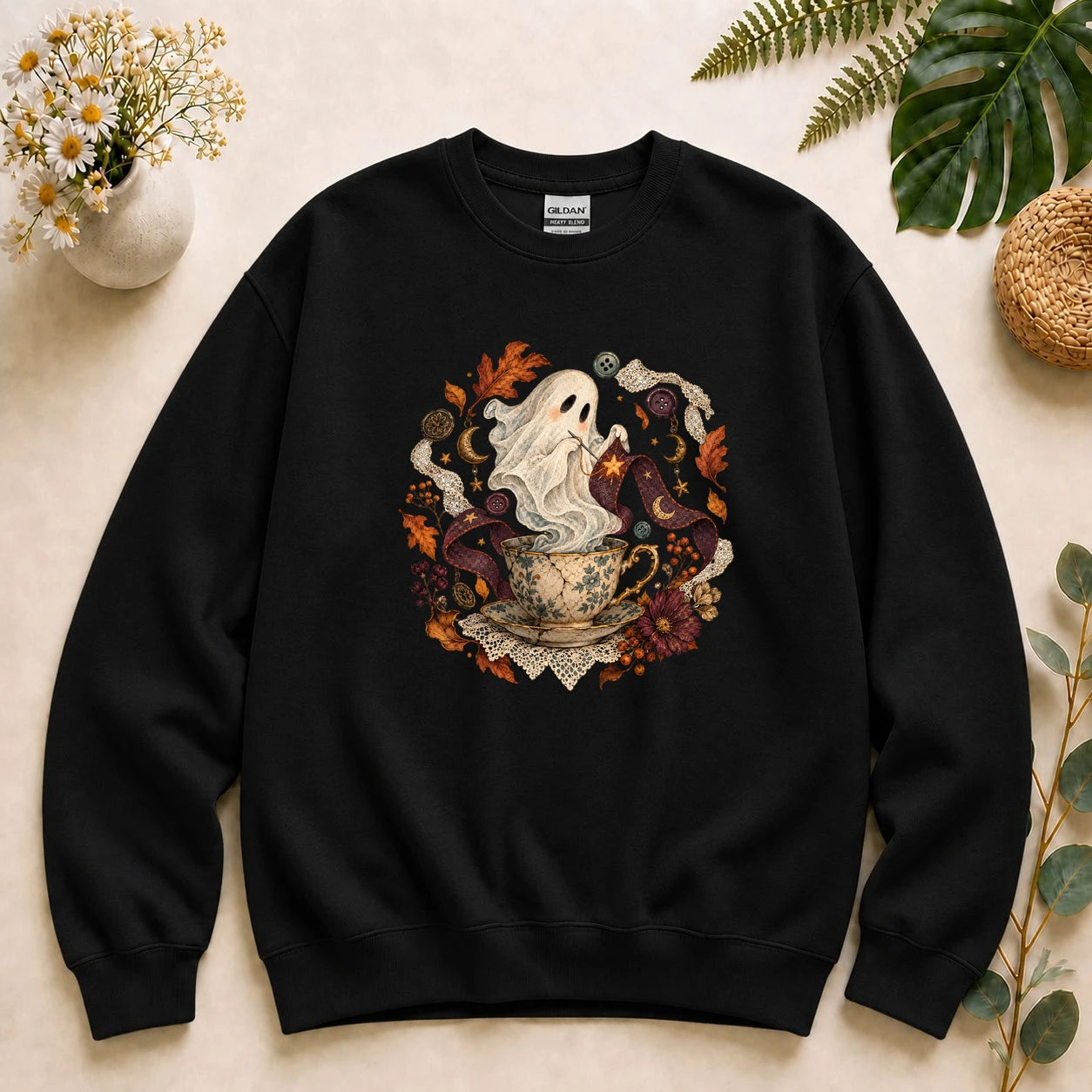 Ghost Sewing Tea – Halloween Crafter Gift, Vintage Stitching Lover Sweatshirt