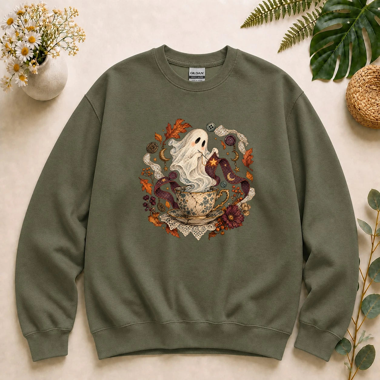 Ghost Sewing Tea – Halloween Crafter Gift, Vintage Stitching Lover Sweatshirt