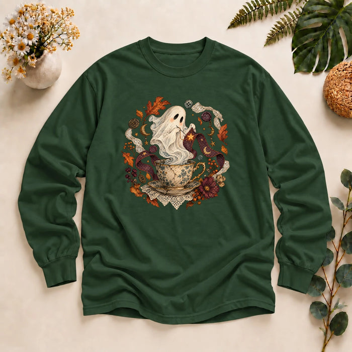 Ghost Sewing Tea – Halloween Crafter Gift, Vintage Stitching Lover Long Sleeve T-Shirt